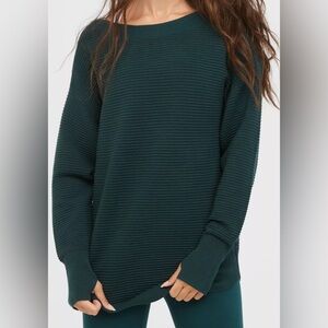 Aerie Offline Home Stretch boatneck ribbed sweater, dark forest green XL